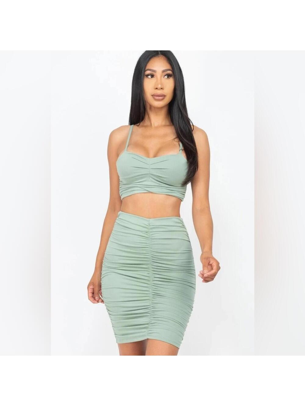 Sage Green Ruched Crop Top & Skirt Set